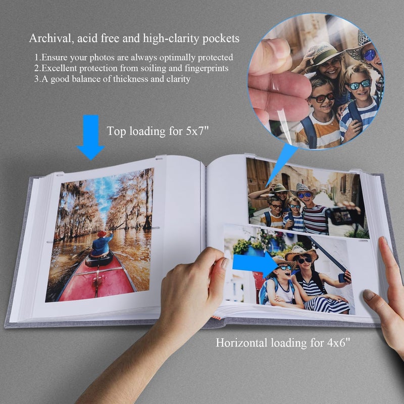 1DOT2 Photo Album with Writing Space 50 Pages 4x6 Photos Hold 200 or 5x7 Pictures Hold 100, Linen Cover Small Photo Book Albums with Memo for Anniversary Wedding Baby (Grey) - Image 2